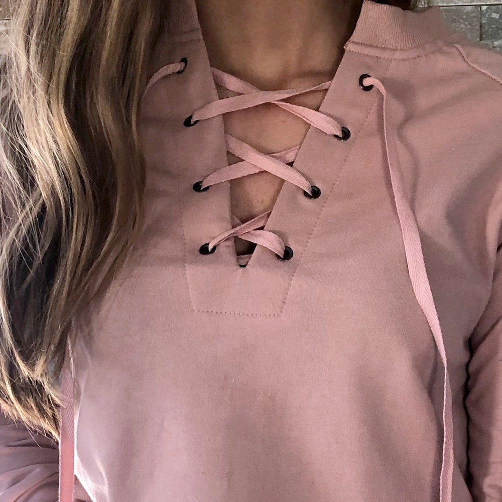 Lace up front detail terry cottonsweatshirt| Blush - Picture 9 of 10
